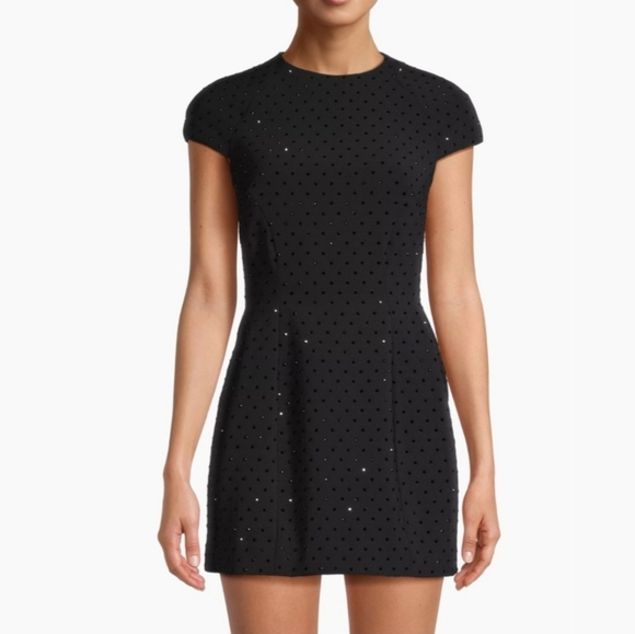 Toccin Kristen Structured Black Rhinestone Embellished Short Sleeve Mini Dress - Picture 3 of 11